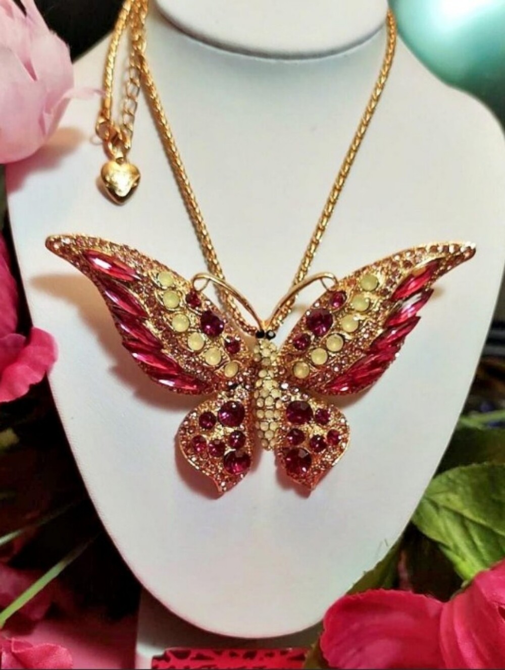 Betsey Johnson Gold-Tone Pink Crystal Butterfly Necklace